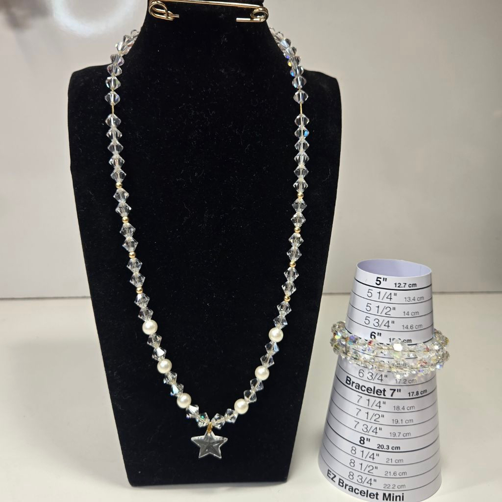 Crystal Pearl Star Necklace & Wrap AB Bracelet Set Clear Glass Goldtone Hardware